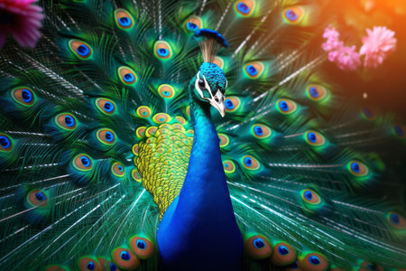 Beautiful peacock with feathers out. Colorful peacock.の素材