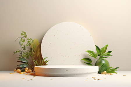 minimal product display podium with green plant background.の素材