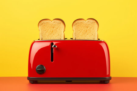 Toaster with toasts on table on yellow background. Concept of breakfastの素材