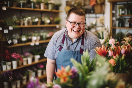 Portrait of a male florist smiling while working in a flower shopの素材
