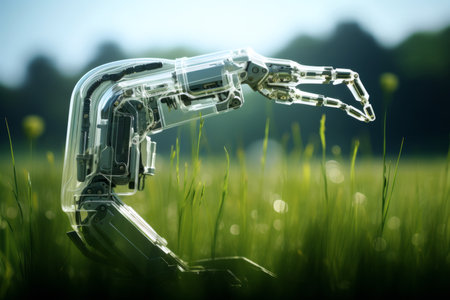 Robot arm in green grass. Artificial intelligence concept.の素材