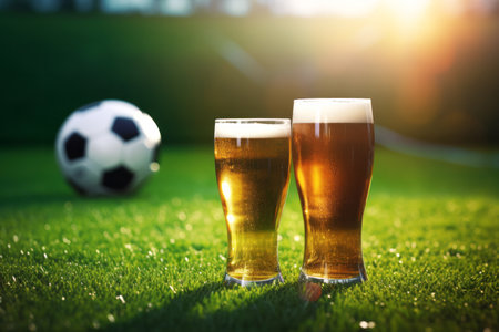 Two glasses of beer with soccer ball on green grass on sunset backgroundの素材