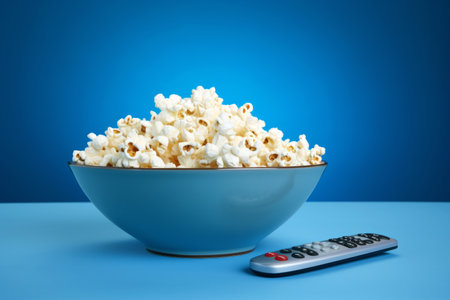 Popcorn in bowl and remote control on blue background. Cinema concept, copy spaceの素材