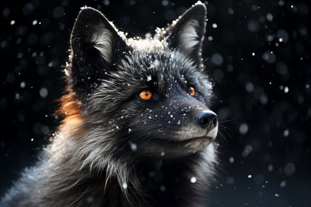 Portrait of a fox on a black background with falling snow.の素材