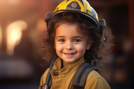 Portrait of a cute little girl with a fireman helmet smiling at the cameraの素材