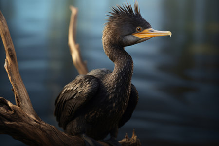Great cormorant on a tree in the water. Shallow depth of fieldの素材