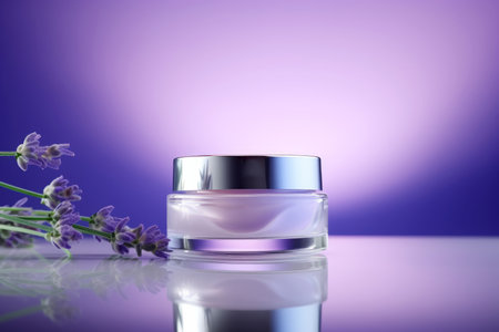 Lavender cream in a glass jar on a purple background. Copy spaceの素材