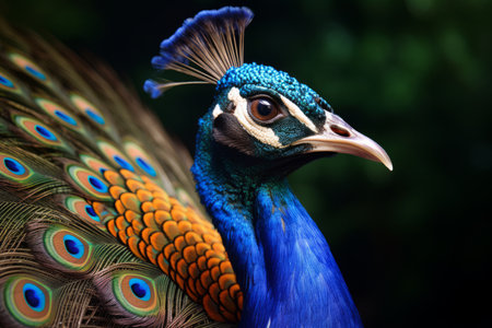 Portrait of beautiful peacock with feathers out, close-upの素材