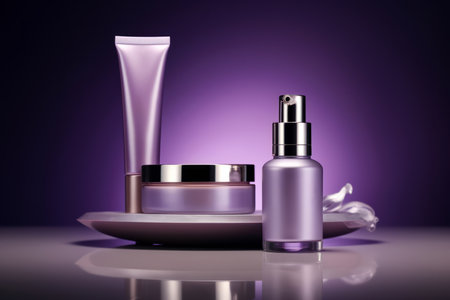 Cosmetic products on a purple background.の素材