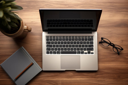 Laptop and notebook on a wooden table.の素材