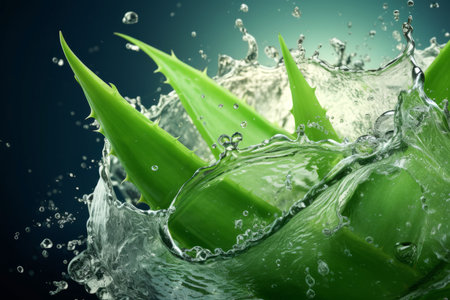 Fresh aloe vera leaves with water splash on black background.の素材