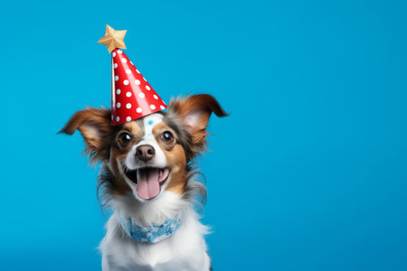 Cute dog in party hat on blue background, space for textの素材