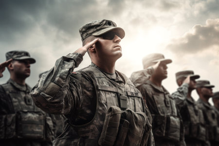 Soldier saluting on the background of the sky. Military conceptの素材
