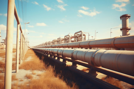 Industrial zone, Steel pipelines and valves on blue sky background.の素材