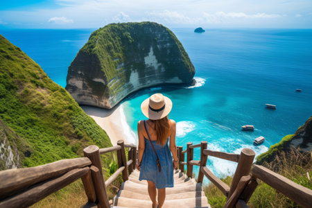 Woman in blue dress and straw hat is walking on the stairs to the top of the mountain.の素材