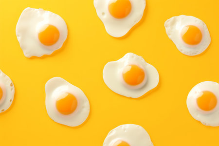 Fried eggs pattern on yellow background, top view, flat lay. Copy spaceの素材
