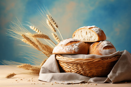 Basket with fresh bread and wheat ears on wooden table on blue backgroundの素材
