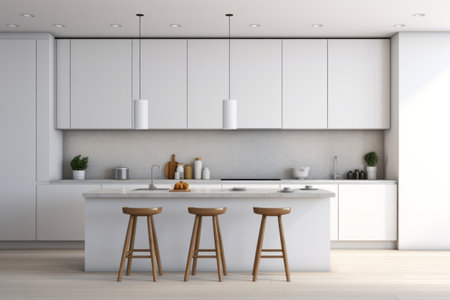 white modern kitchen with white walls, wooden floor and white countertopsの素材