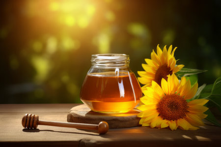 Jar of honey and sunflower on wooden table against blurred nature background. Copy spaceの素材