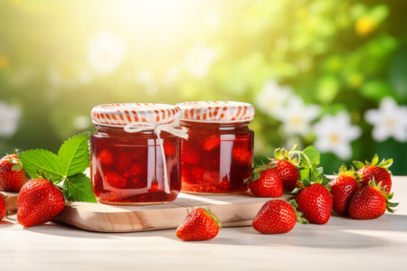 Strawberry jam in a glass jar on a wooden table in the gardenの素材