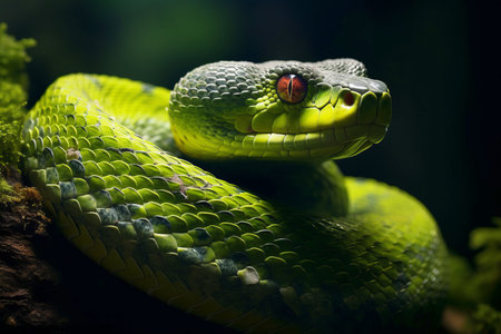 Green pit viper (Trimeresurus reticulatus). Beautiful green snake on the tree, close up viewの素材