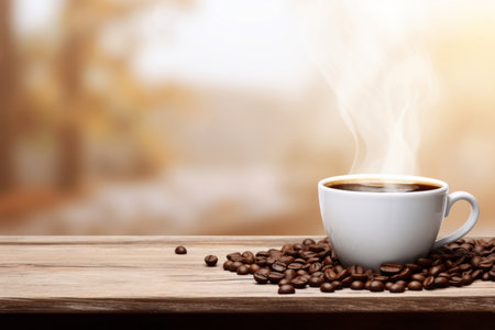 Coffee cup and coffee beans on wooden table in front of blurred background. Copy spaceの素材