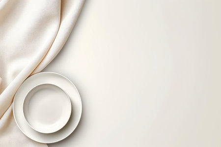 Empty plate and napkin on white silk background, top view with copy spaceの素材
