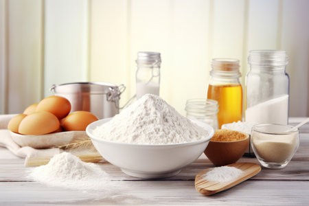Baking ingredients and kitchen utensils on table on light backgroundの素材