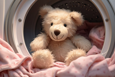 Cute teddy bear in washing machine, close-up viewの素材