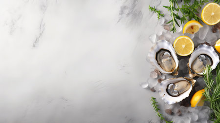 Fresh oysters with lemon, rosemary and ice background. Copy spaceの素材