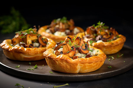 Tartlets with mushrooms and feta cheese on a black backgroundの素材