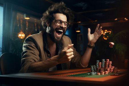 Portrait of a cheerful young man playing poker in a casino. Gambling game conceptの素材