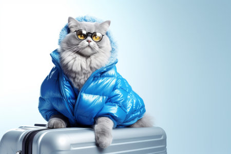 Cute cat in blue raincoat and sunglasses sitting on suitcase. Copy spaceの素材