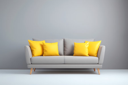 Interior of modern living room with gray wall, sofa and yellow pillows.の素材