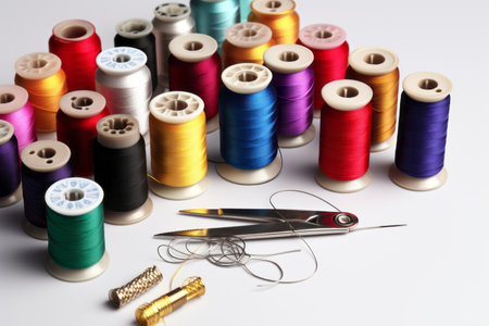 spools of thread, scissors and buttons on a white background.の素材
