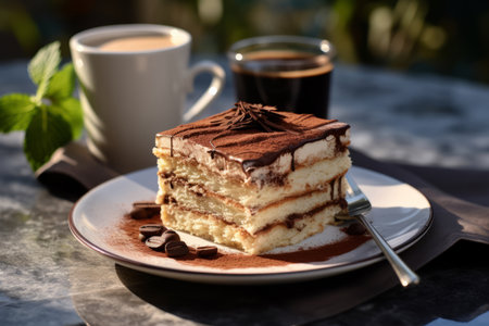 Tiramisu cake and cup of coffee on table in cafeの素材