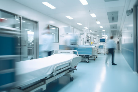 Blurred image of a hospital corridor with a patient in bed.の素材