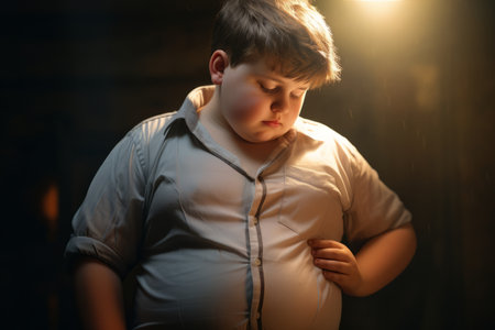 Portrait of a boy with a big belly on a dark backgroundの素材