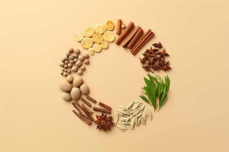 Frame made of different spices and herbs on color background, top view. Copy spaceの素材