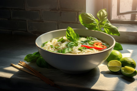 Bowl of Asian noodle soup with fresh basil and chilliの素材