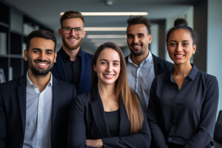 Portrait of a group of business people standing in a row in officeの素材