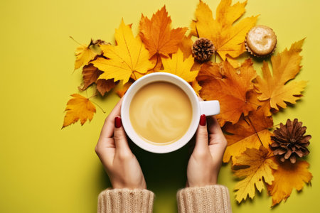 Female hands holding a cup of coffee and autumn leaves on a yellow background. Copy spaceの素材