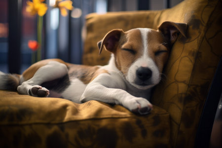Cute dog sleeping on the sofa at home. Jack Russell Terrierの素材