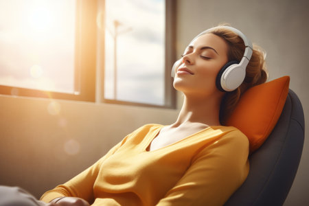 Relaxed young woman listening to music with headphones at home.の素材