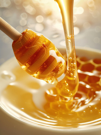 Honey dripping from a wooden honey dipper on a white backgroundの素材