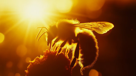 bee pollinates flower in the rays of the setting sun. macroの素材