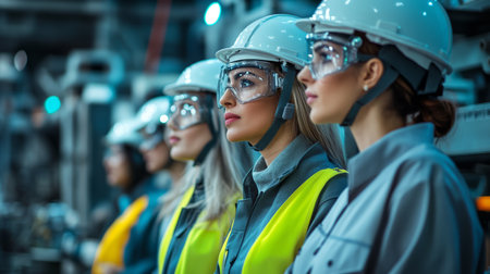 Group of factory workers in safety helmets and hardhats at factoryの素材