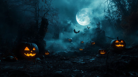 Halloween pumpkins with scary faces in spooky forest at nightの素材