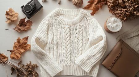 Warm knitted sweater and autumn leaves on a white background.の素材