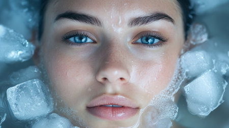 Close-up portrait of beautiful young woman taking bath with ice cubes.の素材